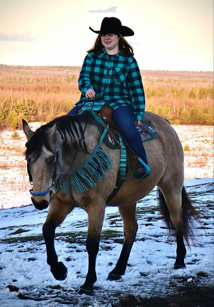 Neon turquoise and black fringe breast collar with a wither strap - Tiffanys Braided Tack LLC
