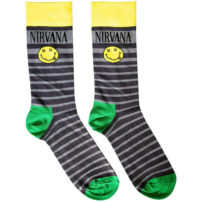 Nirvana Unisex Terry Socks: Happy Face & Logo Stripes Rock Off