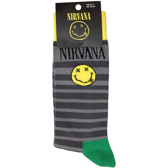 Nirvana Unisex Terry Socks: Happy Face & Logo Stripes Rock Off