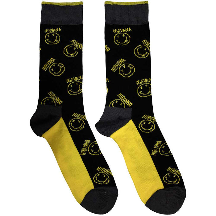 Nirvana Unisex Terry Socks: Yellow Happy Face Pattern Rock Off