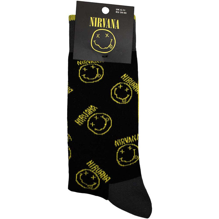 Nirvana Unisex Terry Socks: Yellow Happy Face Pattern Rock Off