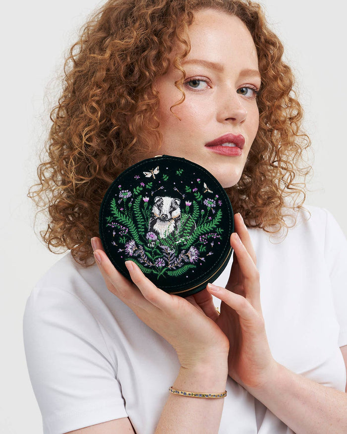 Nocturnal Garden Badger Embroidered Green Circle Jewellery Box
