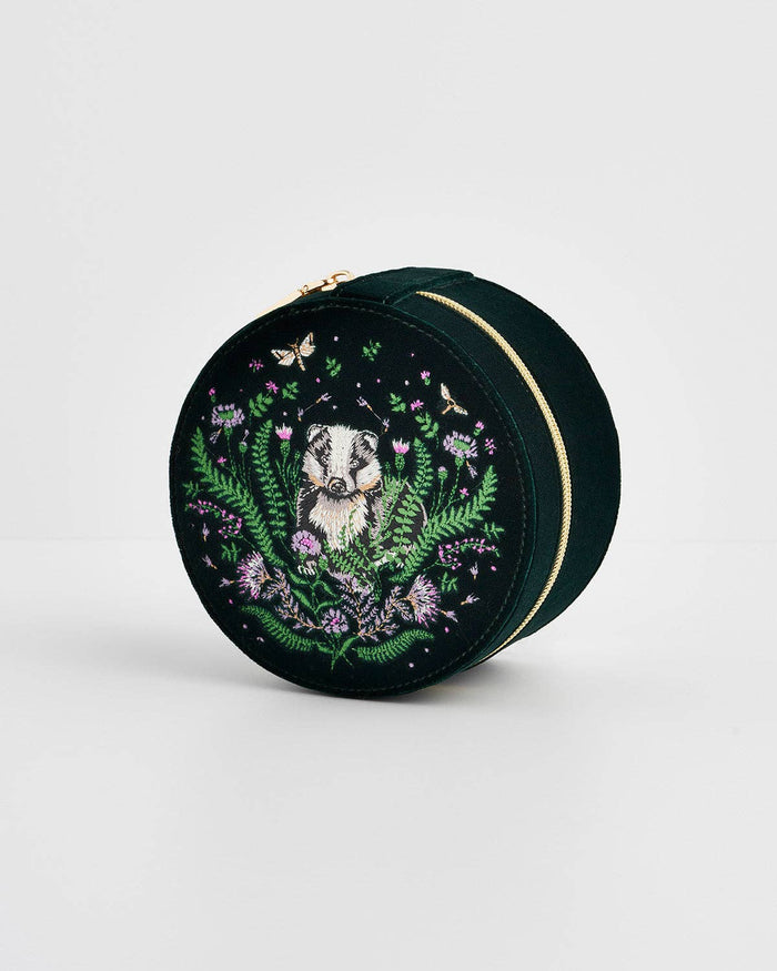 Nocturnal Garden Badger Embroidered Green Circle Jewellery Box