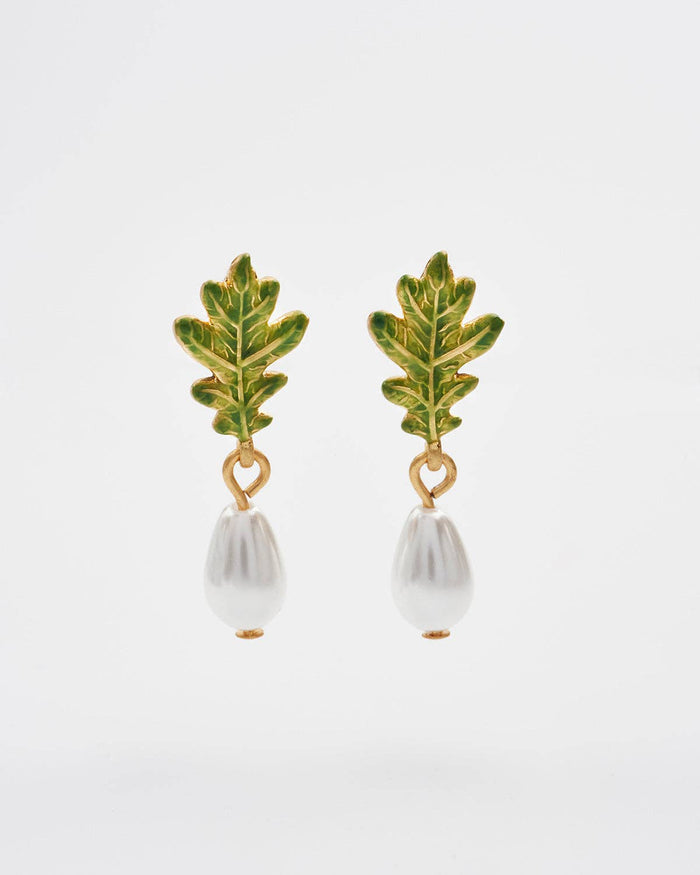 Oak Leaf Pearl Drop Gold Earrings
