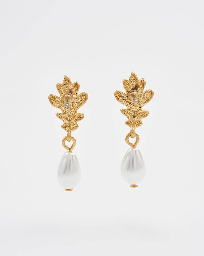 Oak Leaf Pearl Drop Gold Earrings