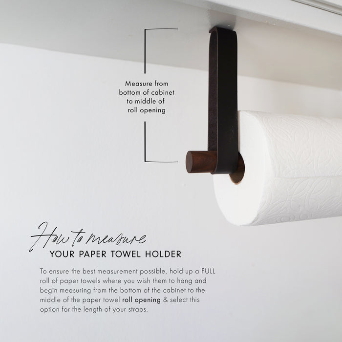 How-to installation guide for leather strap paper towel holder — modern wall-mounted kitchen accessory setup instructions.