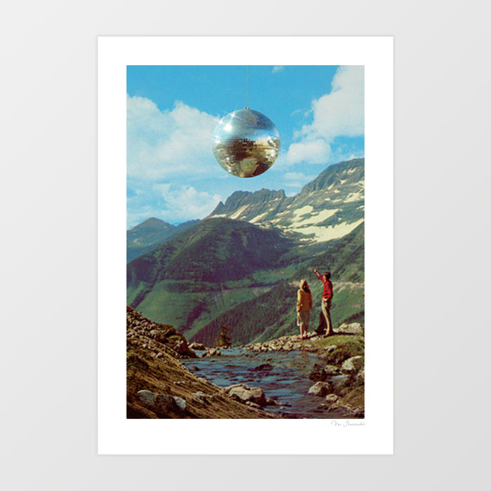 70s surreal wall art print featuring a shimmering mirror disco ball suspended over a green mountain wilderness with vintage photography aesthetic – retro disco landscape poster by Vertigo Artography