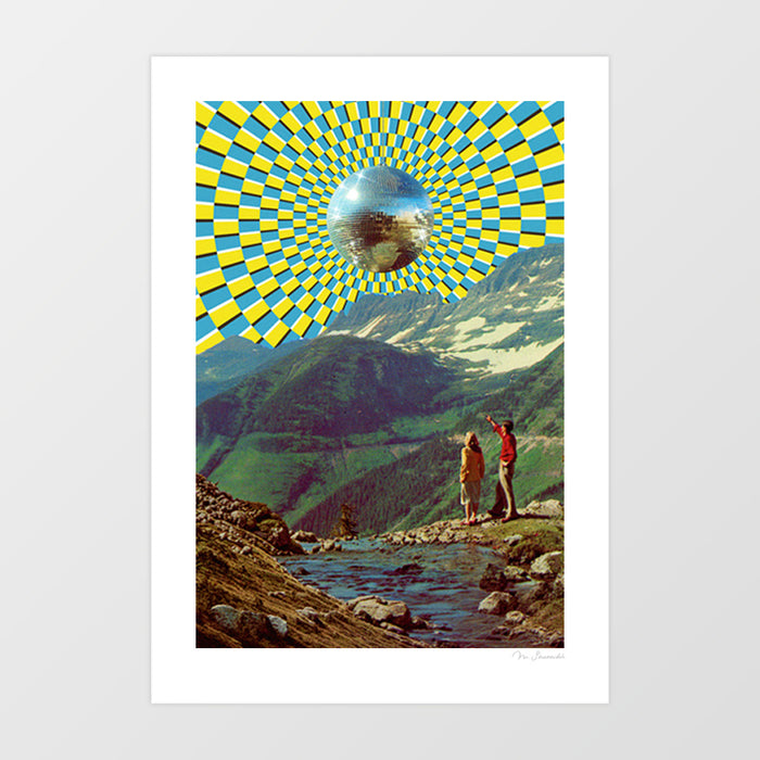 Surreal retro collage art print of a mirrored disco ball floating above a rugged alpine mountain landscape with a hypnotic psychedelic yellow and electric blue geometric vortex radiating outward – Peak Disco Boogie v2 by Vertigo Artography