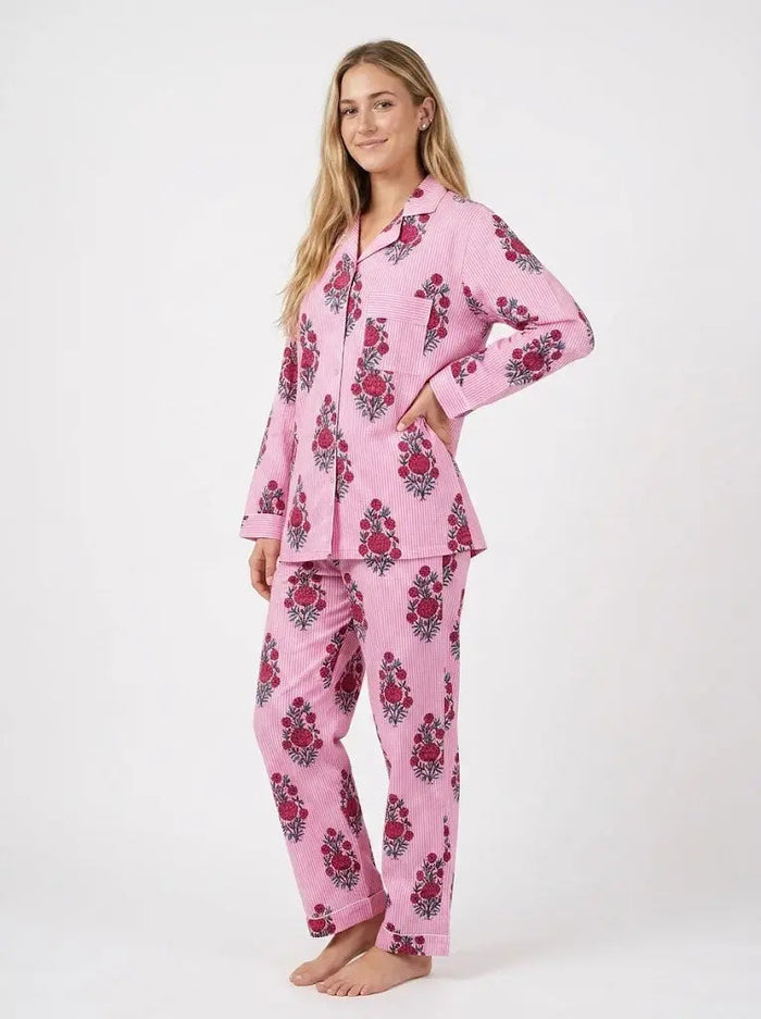 Pink Floral Stripe Print Cotton Lightweight Pajama Set for Women Long Sleeve Handicraft Trend