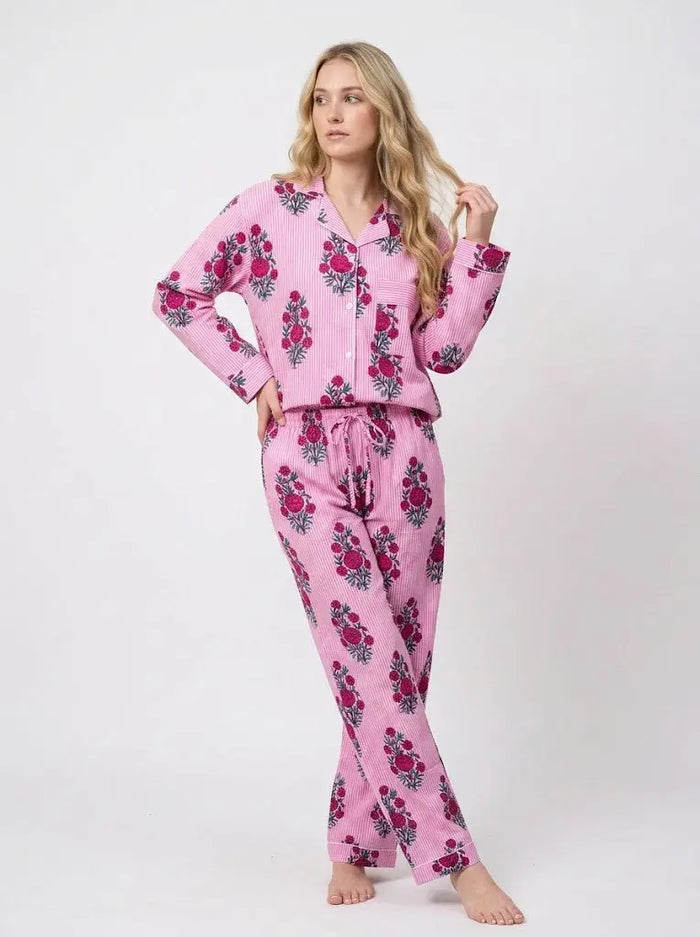 Pink Floral Stripe Print Cotton Lightweight Pajama Set for Women Long Sleeve Handicraft Trend