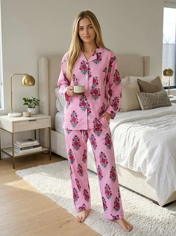 Pink Floral Stripe Print Cotton Lightweight Pajama Set for Women Long Sleeve Handicraft Trend