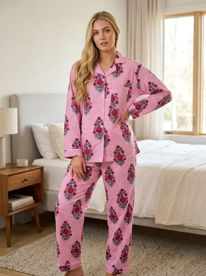 Pink Floral Stripe Print Cotton Lightweight Pajama Set for Women Long Sleeve Handicraft Trend