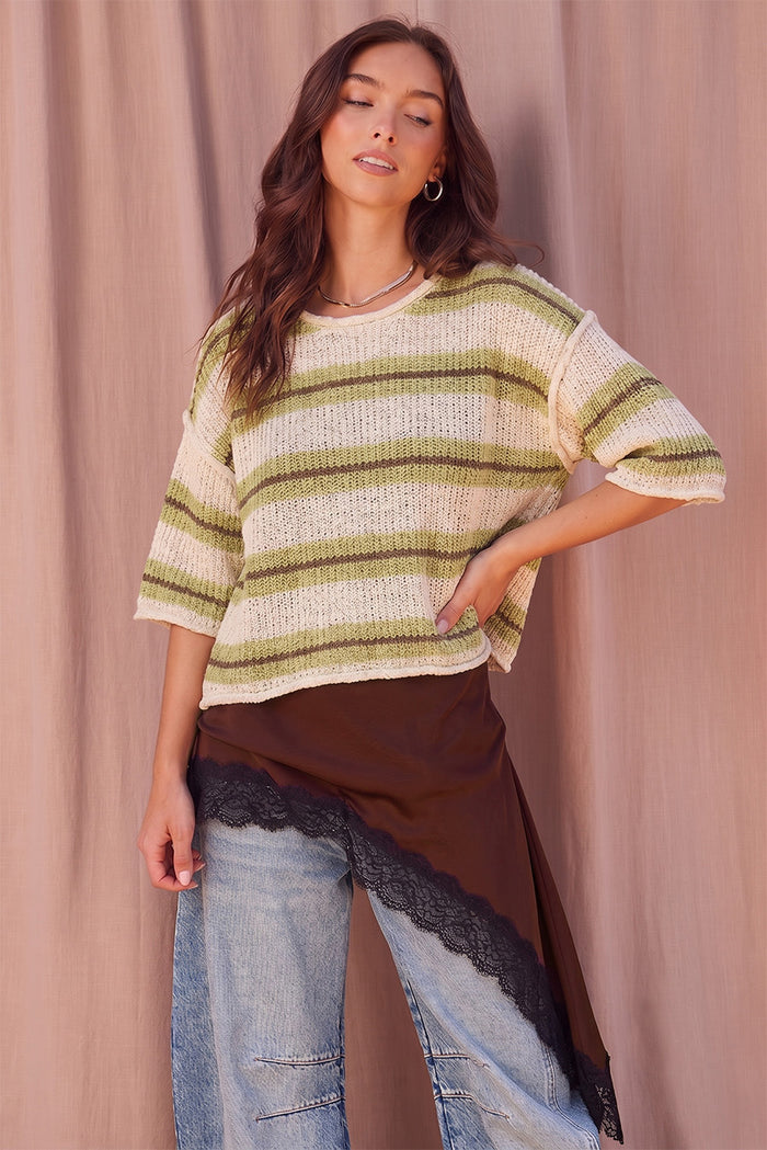 Pistachio 3/4 Sleeve Striped Sweater
