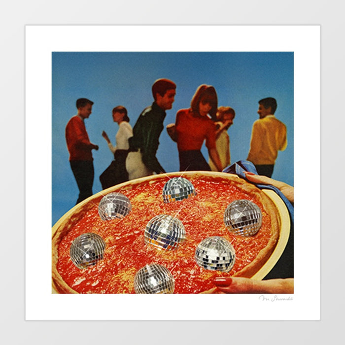 Surreal pop art collage print of a classic margherita pizza topped with shimmering silver disco balls held aloft by a hand against a retro blue background with 1970s dancers – Pizza a'la Disco by Vertigo Artography