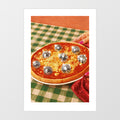 Framed surreal pizza wall art print showing disco ball toppings on a tomato base – funny Italian food poster by Vertigo Artography