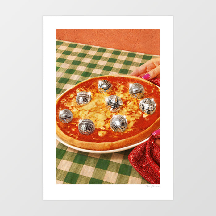 Framed surreal pizza wall art print showing disco ball toppings on a tomato base – funny Italian food poster by Vertigo Artography