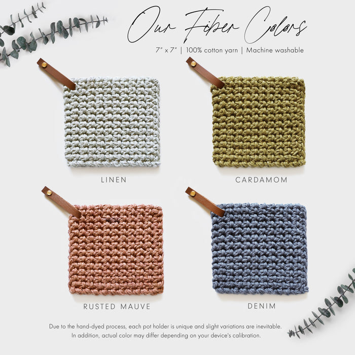 Potholder color options in handwoven cotton with leather strap hangers — modern earthy kitchen hot pads in neutral and warm tones.