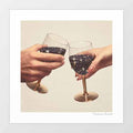 Primordial Wine surreal art print — masculine and feminine hands clinking gold-stemmed wine glasses filled with deep dark sparkling galaxy cosmos instead of wine against a warm cream background, surreal cosmic romantic wall art for dining rooms wine bars and eclectic interiors
