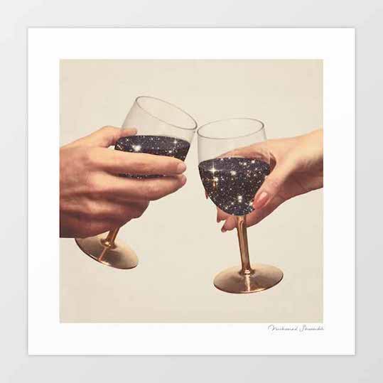 Primordial Wine surreal art print — masculine and feminine hands clinking gold-stemmed wine glasses filled with deep dark sparkling galaxy cosmos instead of wine against a warm cream background, surreal cosmic romantic wall art for dining rooms wine bars and eclectic interiors