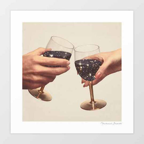 Primordial Wine surreal art print — masculine and feminine hands clinking gold-stemmed wine glasses filled with deep dark sparkling galaxy cosmos instead of wine against a warm cream background, surreal cosmic romantic wall art for dining rooms wine bars and eclectic interiors