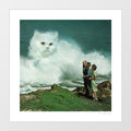 Purr-fect Wave art print — giant fluffy white Persian cat with golden eyes emerging from a crashing ocean wave on a rocky coastline, three people standing facing the cat wave, surreal funny cat coastal wall art for beach houses and cat lovers
