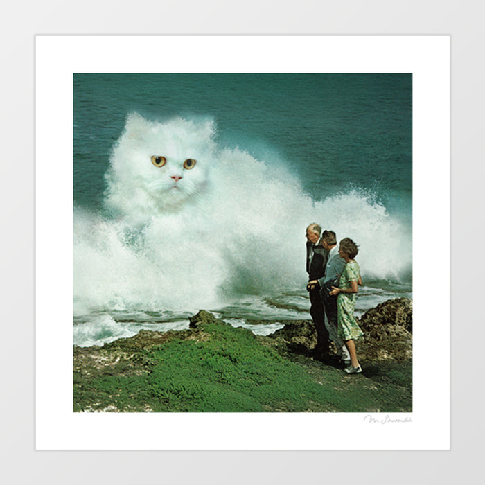 Purr-fect Wave art print — giant fluffy white Persian cat with golden eyes emerging from a crashing ocean wave on a rocky coastline, three people standing facing the cat wave, surreal funny cat coastal wall art for beach houses and cat lovers