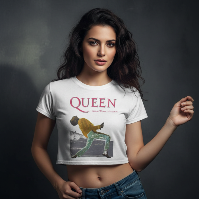 Queen Ladies Crop Top: Wembley Stadium Magenta Logo