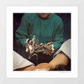 Reborn surreal art print square — smiling doctor in green surgical scrubs leaning forward in a delivery room set against a deep black space starfield cradling a tiny miniature astronaut in a full spacesuit with oxygen tubes and wiring in outstretched hands while a woman lies back at lower right, surreal cosmic birth maternity ironic art print for creative studios and eclectic interiors