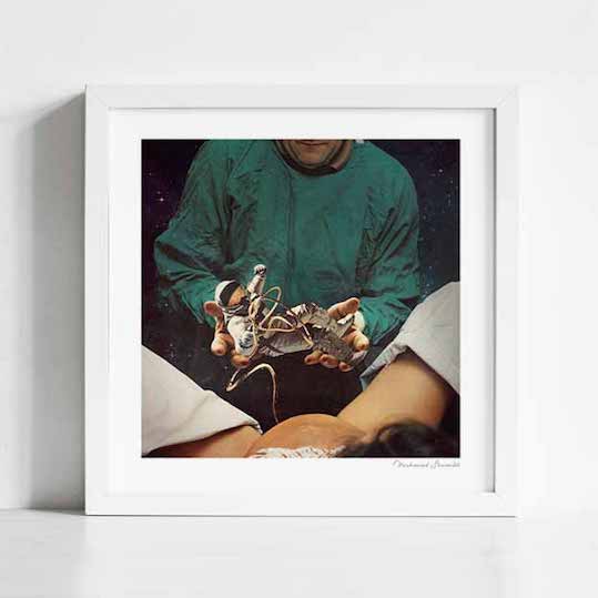 Reborn art print framed square — surreal collage of a surgeon in green scrubs presenting a newborn-sized astronaut in a spacesuit with trailing oxygen tubes and wiring against a cosmic starfield background in a tender delivery room birth scene, profound ironic space philosophy print for living rooms science lovers and gallery walls