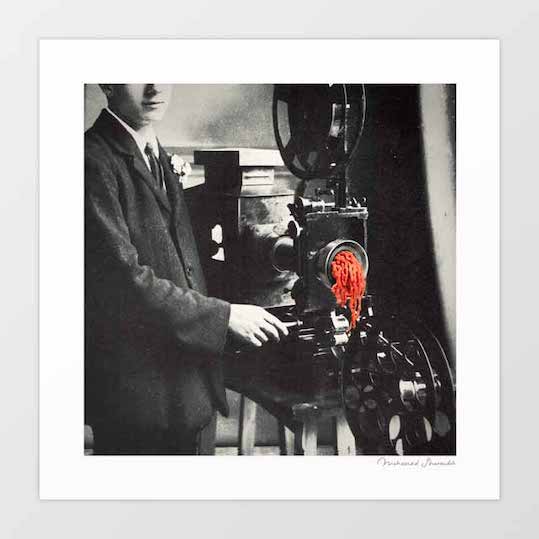 Reel Mince surreal art print square — 1940s black and white photograph of a man in a suit operating a vintage cinema film projector with vivid red pink minced meat being fed through the projector gate where celluloid film should be, deadpan surreal cinema food humour print for media rooms and eclectic interiors