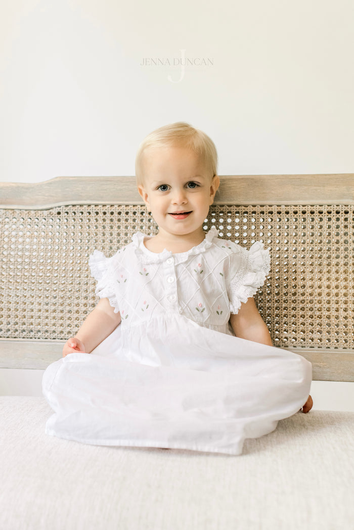 Rose White Cotton Dress, Embroidered