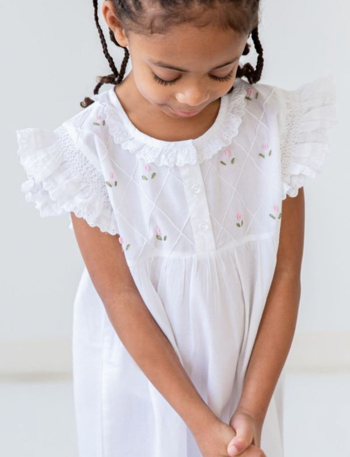 Rose White Cotton Dress, Embroidered