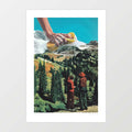 Rub-A-Dub Ridge art print — giant hand holding a soapy yellow sponge scrubbing snow-capped mountain peaks while two 1960s hikers in plaid stand at a viewpoint below, surreal retro environmental humour wall art for living rooms and offices