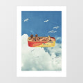 Sardines in the Sky art print — vintage sardine can floating in a bright blue sky with two sunbathing women inside, surreal retro coastal food wall art for kitchens, cafes and beach house interiors