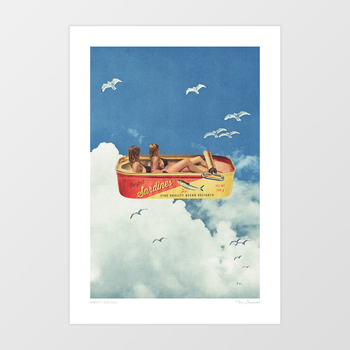 Sardines in the Sky art print — vintage sardine can floating in a bright blue sky with two sunbathing women inside, surreal retro coastal food wall art for kitchens, cafes and beach house interiors
