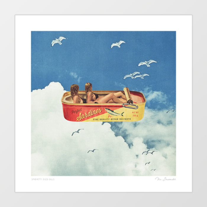 Sardines in the Sky art print — open vintage sardine tin hovering in a pastel blue sky with seagulls and drifting clouds, whimsical retro beach house wall decor for coastal kitchens and dining rooms