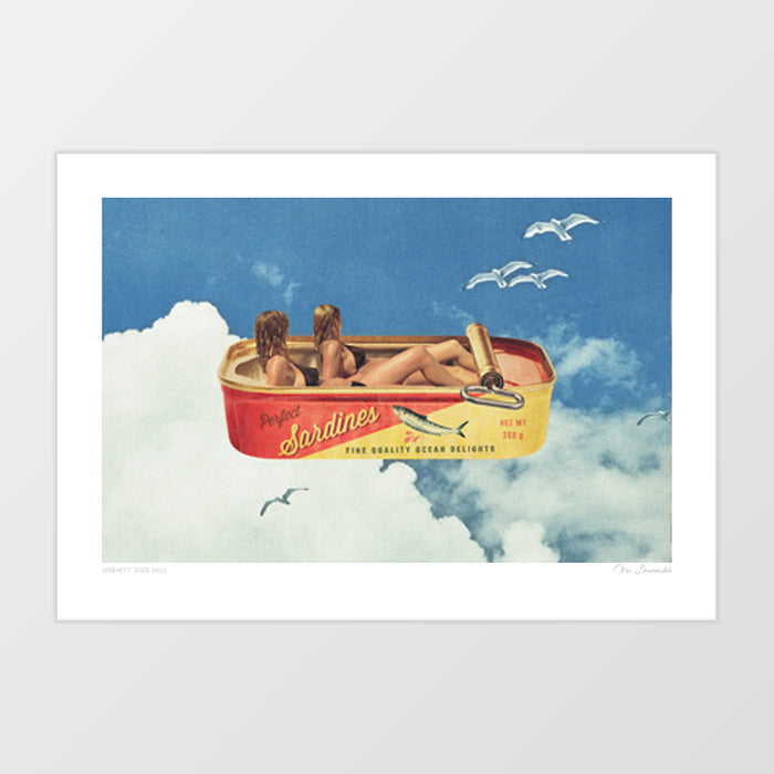 Sardines in the Sky art print — surreal sardine can with bikini-clad sunbathers in a cloudy mid-century sky, playful retro coastal kitchen art print for cafes, seafood restaurants and eclectic interiors