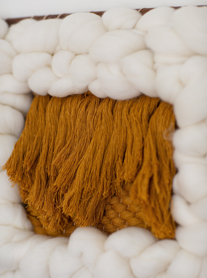 Angled detail of Sesame Cloud highlighting depth and layered fiber composition — contemporary handcrafted wall sculpture.