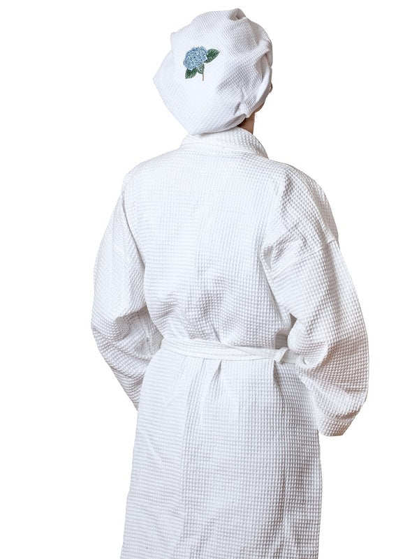 Shower Cap - White Cotton Waffle Weave, Embroidered