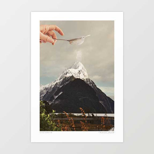 Surreal art print of a towering mountain peak being dusted by a hand-held sieve — quirky minimalist landscape wall art