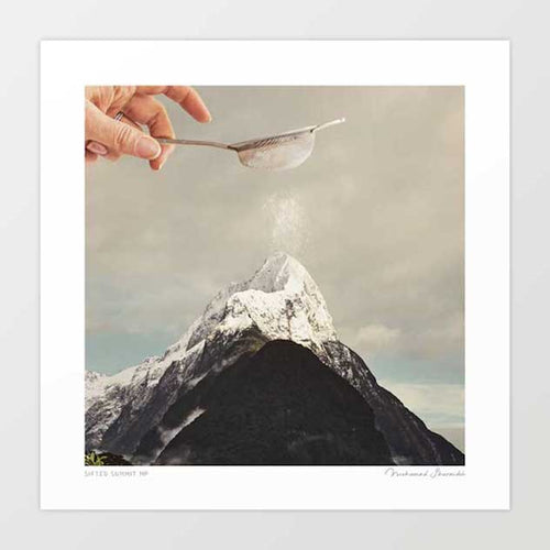Close-up detail of Sifted Summit art print — giant sieve over alpine mountain, clever surreal nature wall decor