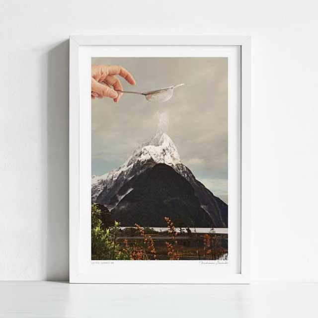 Sifted Summit art print in situ — surreal mountain sieve poster for kitchens, living rooms and contemporary gallery walls