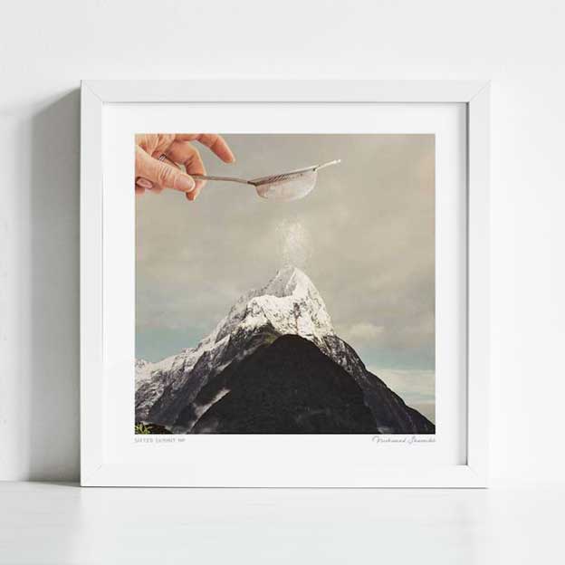 Detail view of Sifted Summit art print — minimalist surreal landscape collage for modern interiors and eclectic gallery walls