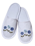 Slippers, Waffle Weave, Row of Flowers (Blue)