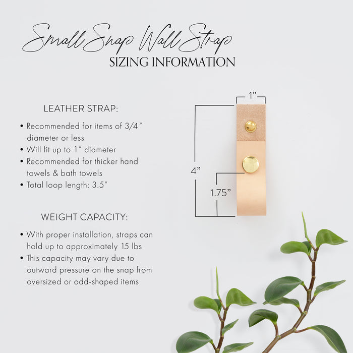 Keyaiira Small Strap Wall Hook sizing and installation guide showing leather dimensions and weight capacity — modern minimalist leather wall organizer reference.