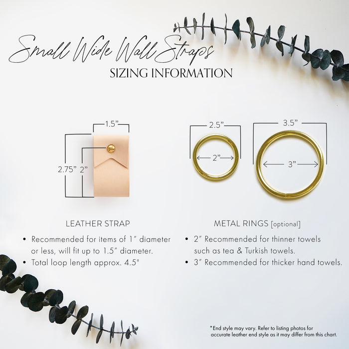 Keyaiira Small Wide Wall Strap sizing chart dimensions of handcrafted leather strap and optional brass rings shown for towel hanging and home organization.