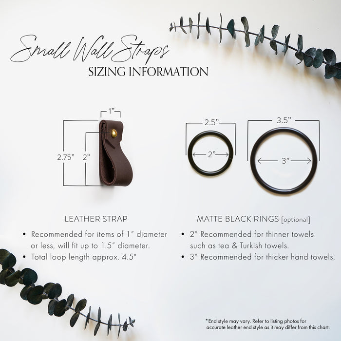 Sizing chart for small leather wall strap and matte black towel rings, showing recommended sizes for hand and tea towels.