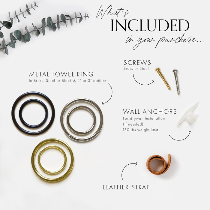 Leather wall strap dimensions and black ring options displayed for modern towel hanger hardware set.