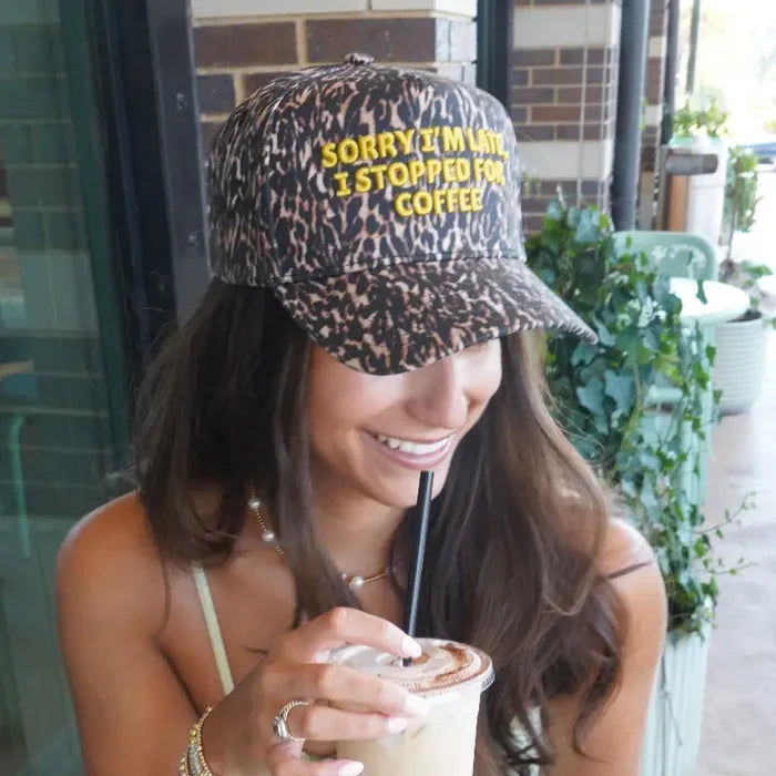 Sorry I'm Late, I Stopped For Coffee - Luxe Leopard Trucker Hat