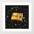 Space Jam surreal art print square — a woman in a white bikini and a man in blue swimming trunks lying on a thick golden buttered slice of toast floating through a Hubble Deep Field deep space background of thousands of galaxies and star clusters, surreal cosmic food humour lazy holiday print for kitchens home bars and eclectic interiors